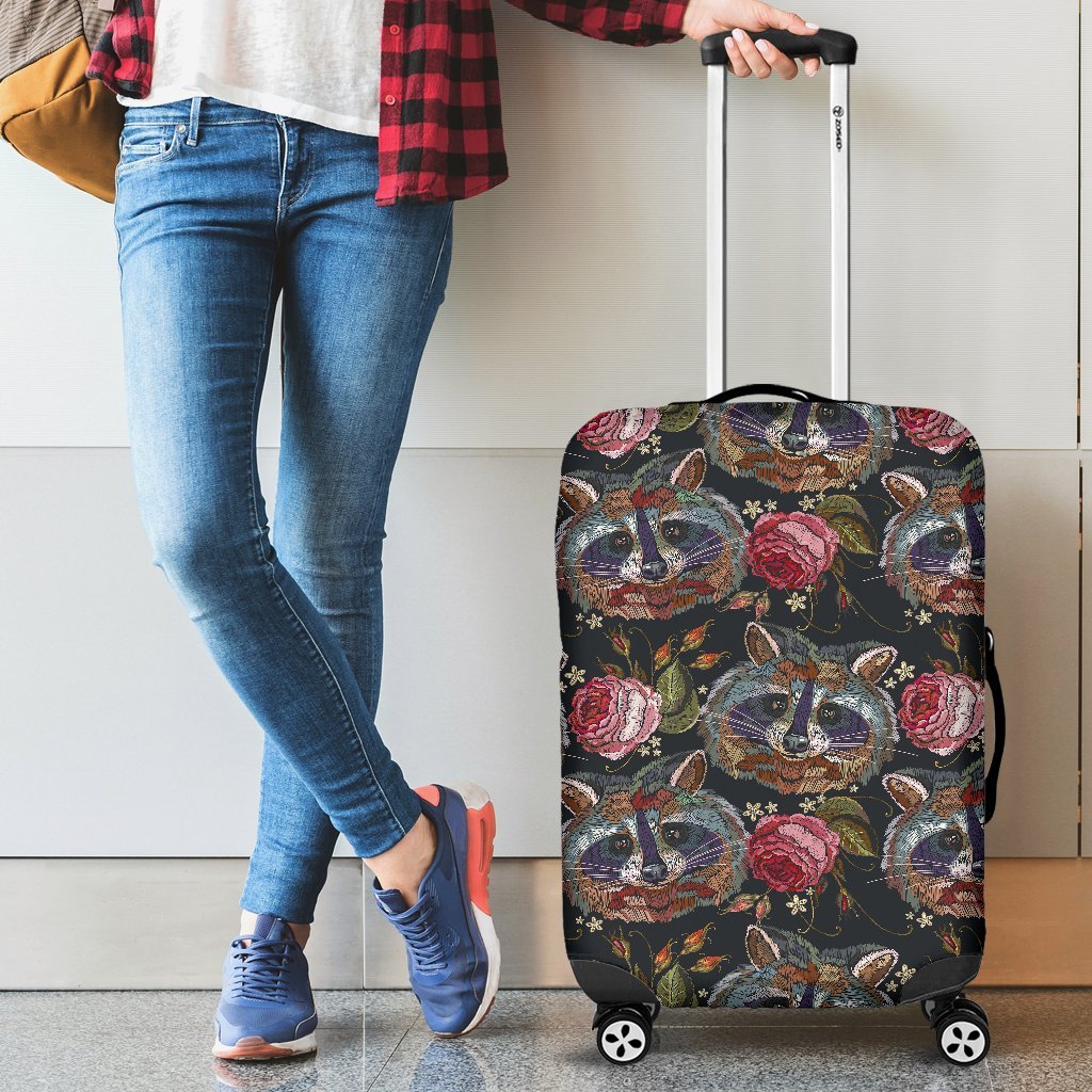 Floral Raccoon Pattern Print Luggage Cover Protector-grizzshop