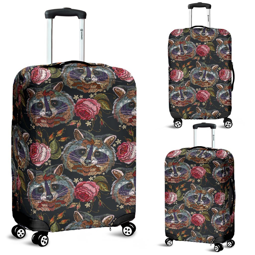 Floral Raccoon Pattern Print Luggage Cover Protector-grizzshop