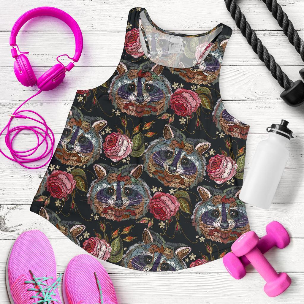 Floral Raccoon Pattern Print Women's Racerback Tank Tops-grizzshop