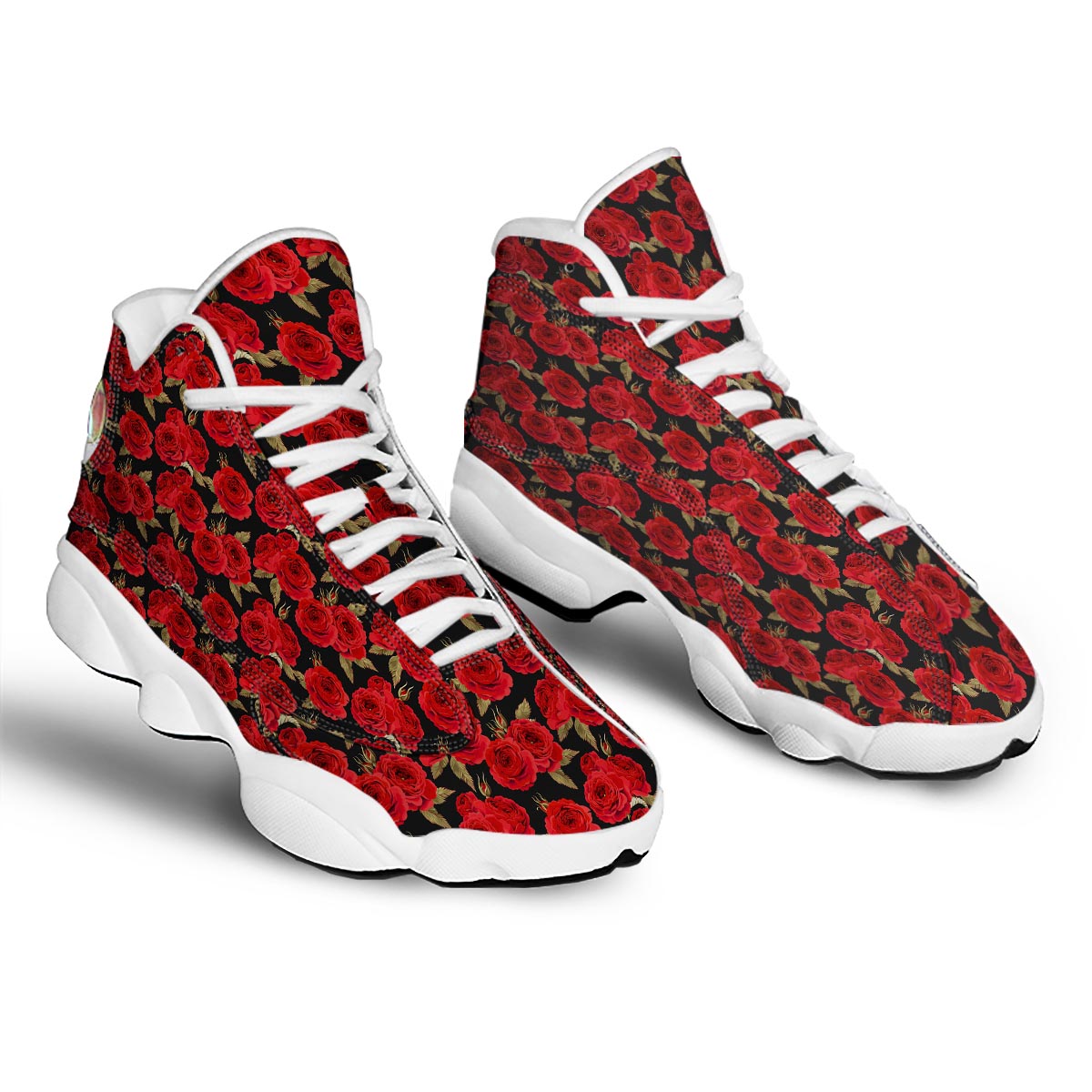 Floral Red Rose Print Pattern White Basketball Shoes-grizzshop