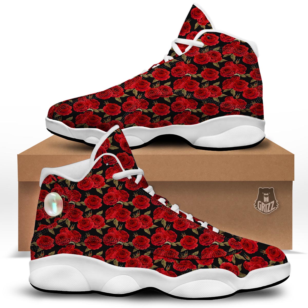 Floral Red Rose Print Pattern White Basketball Shoes-grizzshop