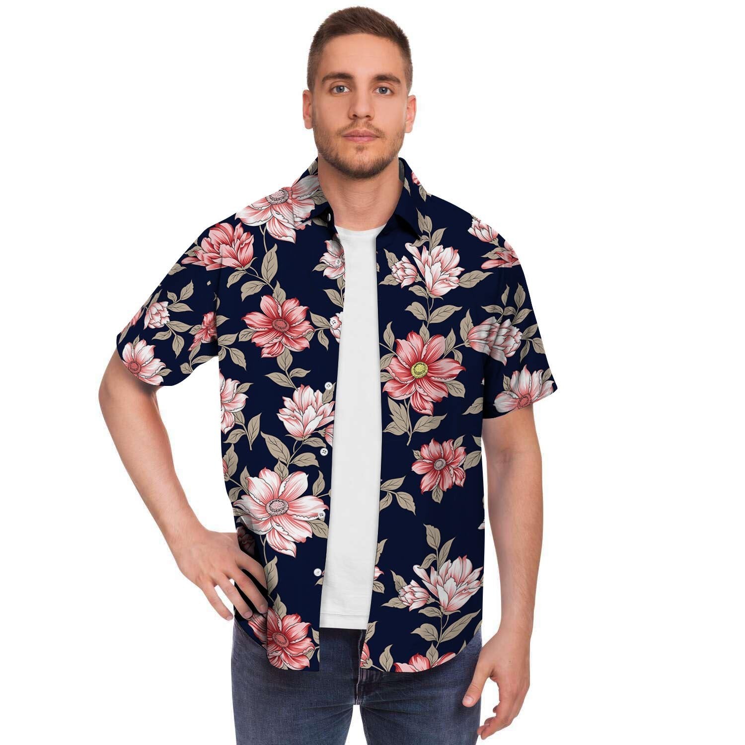 Floral Rose Print Men's Short Sleeve Shirt-grizzshop