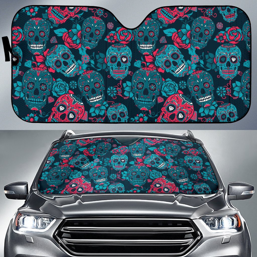 Floral Rose Sugar Skull Skeleton Girly Pattern Print Car Sun Shade-grizzshop