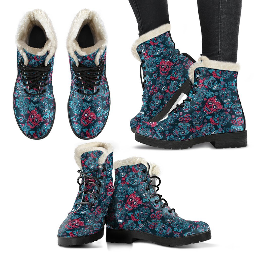 Floral Rose Sugar Skull Skeleton Girly Pattern Print Comfy Winter Boots-grizzshop