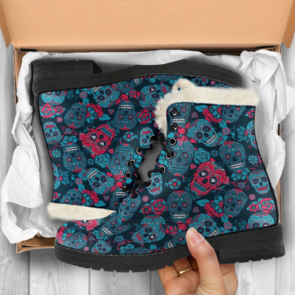 Floral Rose Sugar Skull Skeleton Girly Pattern Print Comfy Winter Boots-grizzshop