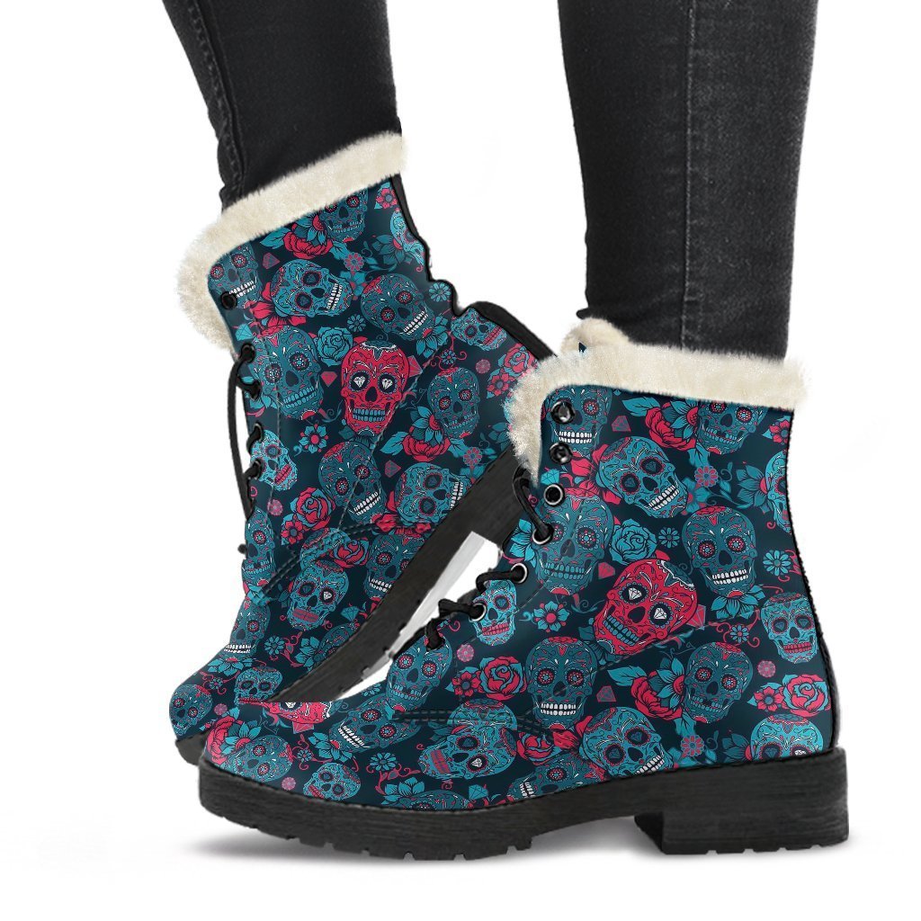 Floral Rose Sugar Skull Skeleton Girly Pattern Print Comfy Winter Boots-grizzshop