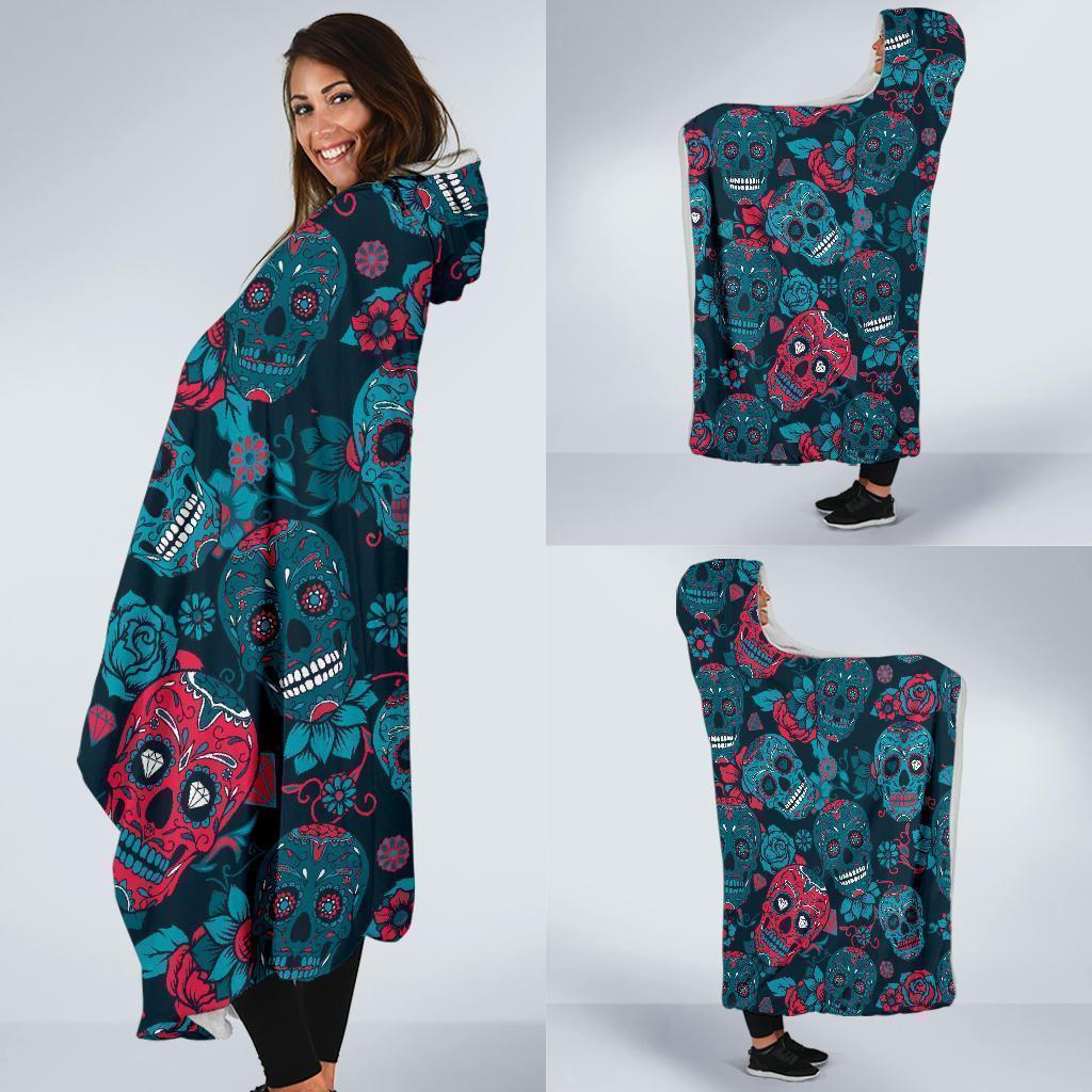 Floral Rose Sugar Skull Skeleton Girly Pattern Print Hooded Blanket-grizzshop