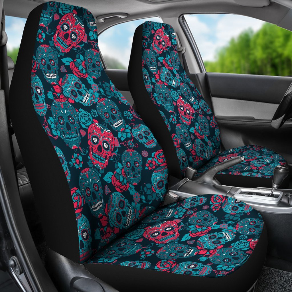 Floral Rose Sugar Skull Skeleton Girly Pattern Print Universal Fit Car Seat Cover-grizzshop