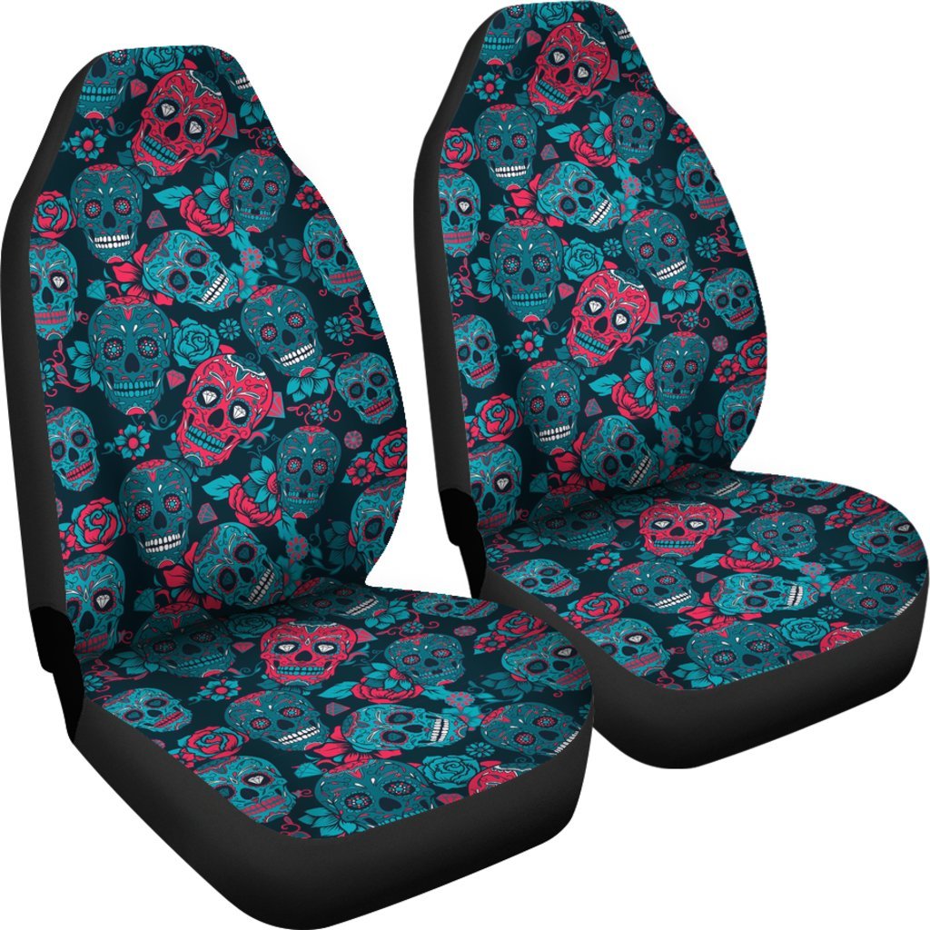 Floral Rose Sugar Skull Skeleton Girly Pattern Print Universal Fit Car Seat Cover-grizzshop