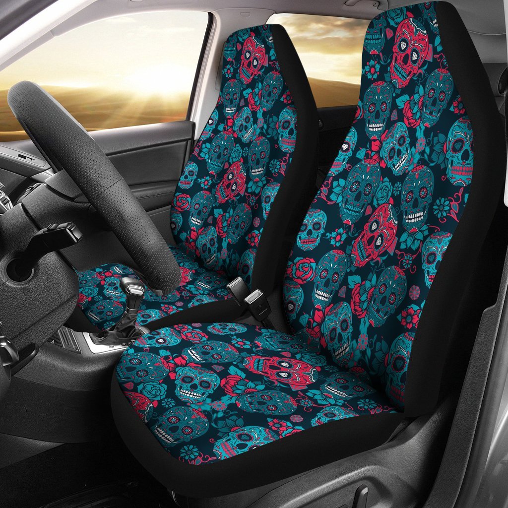 Floral Rose Sugar Skull Skeleton Girly Pattern Print Universal Fit Car Seat Cover-grizzshop