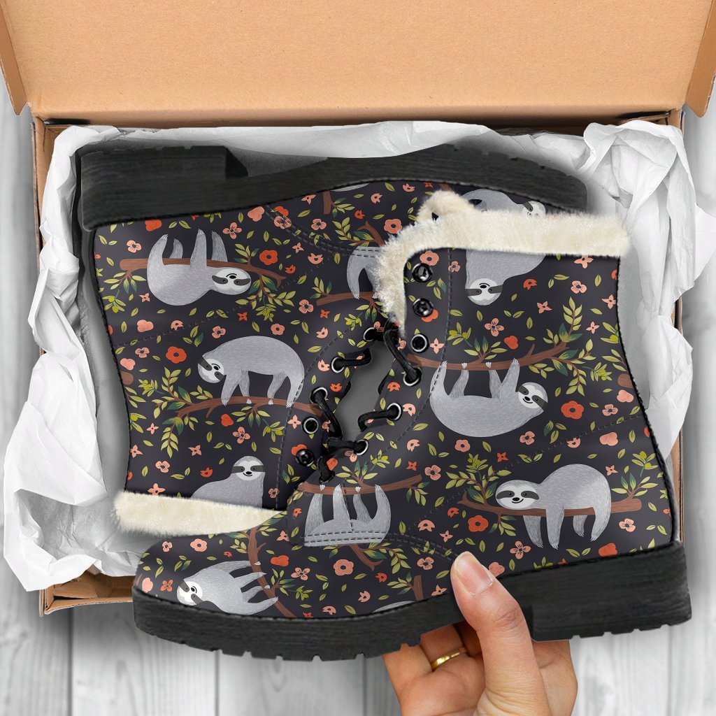 Floral Sloth Pattern Print Comfy Winter Boots-grizzshop