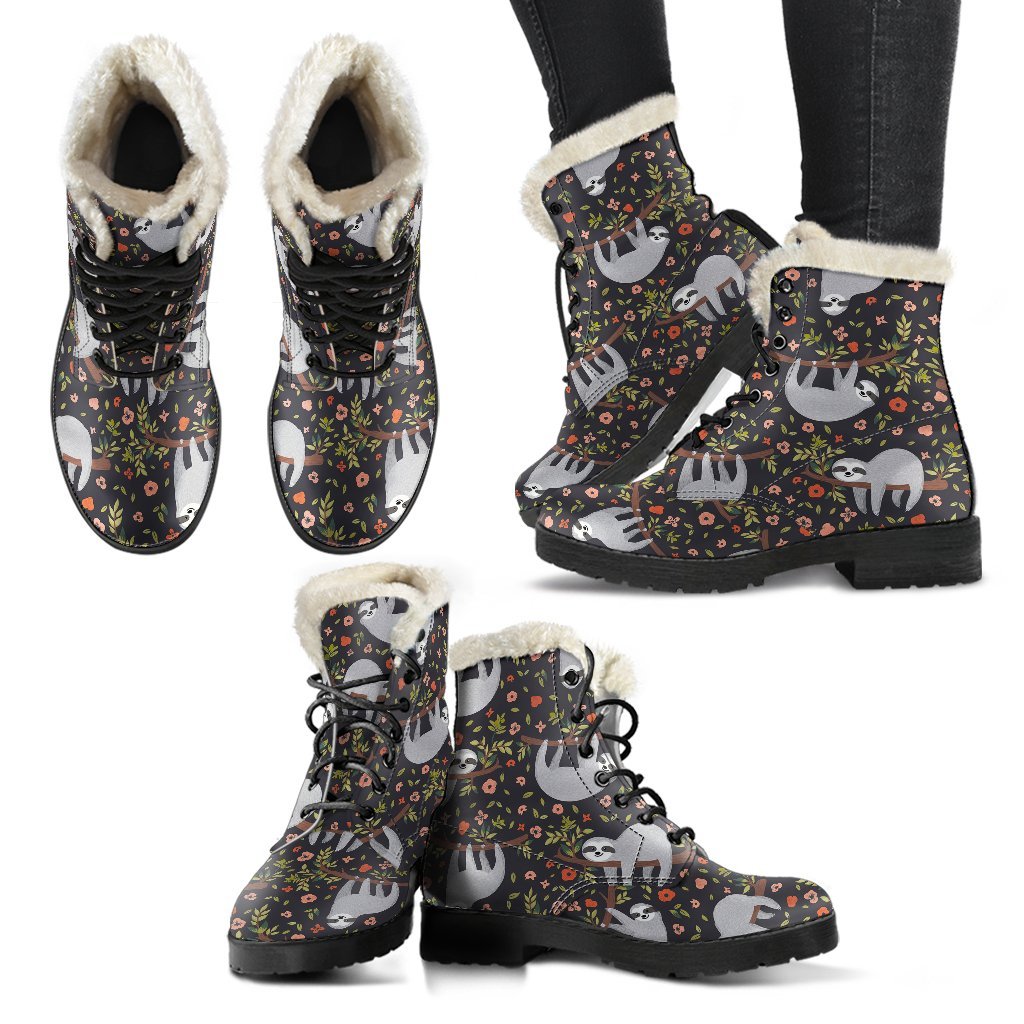 Floral Sloth Pattern Print Comfy Winter Boots-grizzshop