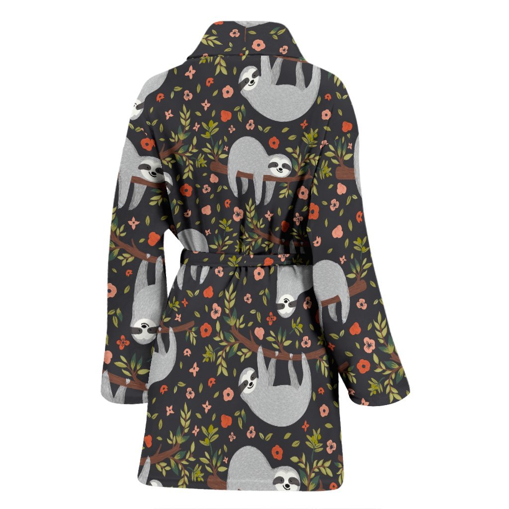 Floral Sloth Pattern Print Women Long Robe-grizzshop