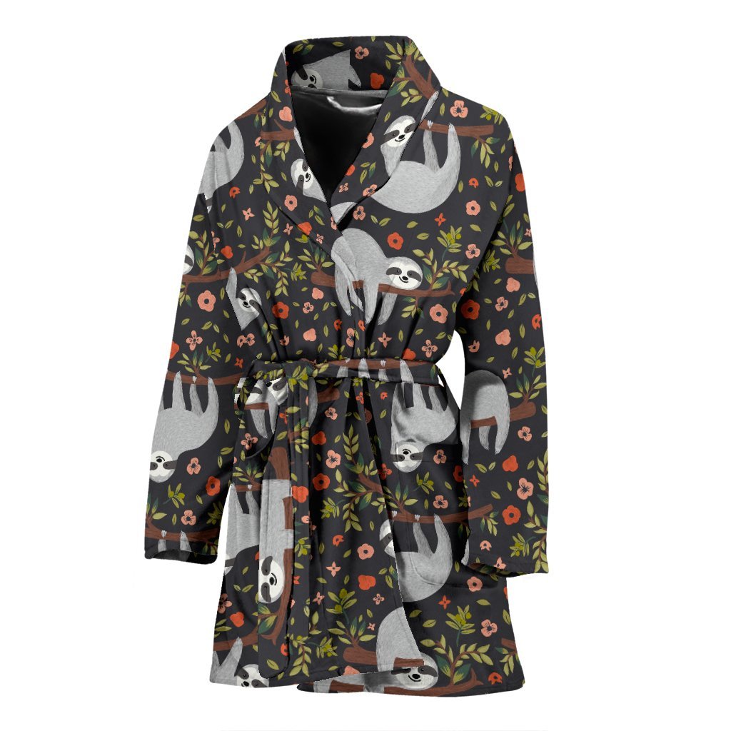 Floral Sloth Pattern Print Women Long Robe-grizzshop