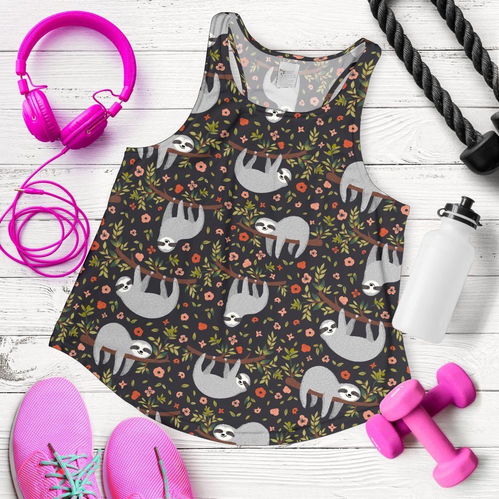 Floral Sloth Pattern Print Women's Racerback Tank Tops-grizzshop