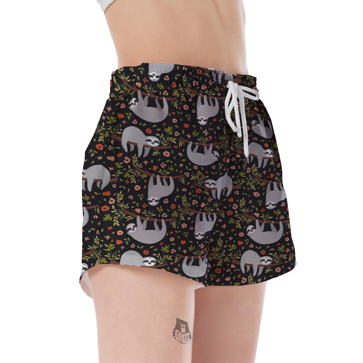 Floral Sloth Pattern Print Women's Shorts-grizzshop