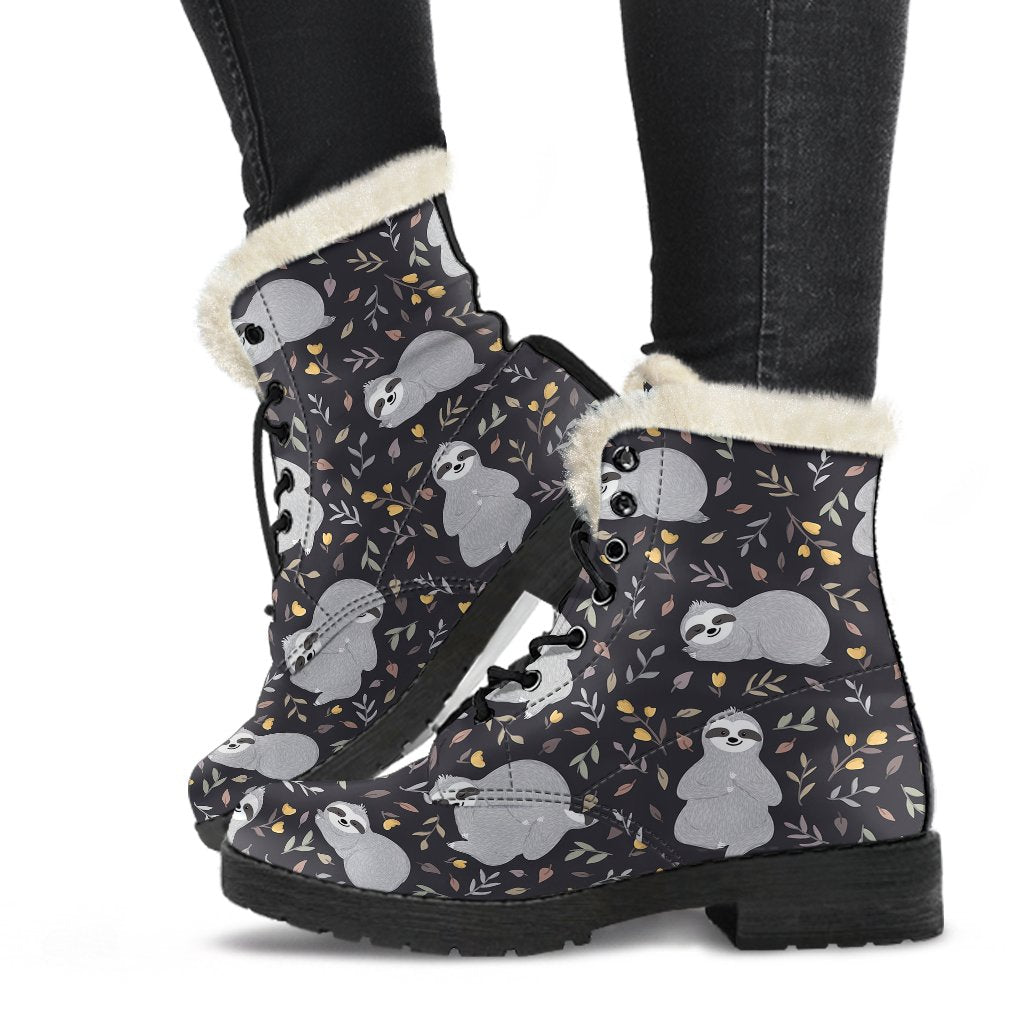 Floral Sloth Print Pattern Comfy Winter Boots-grizzshop