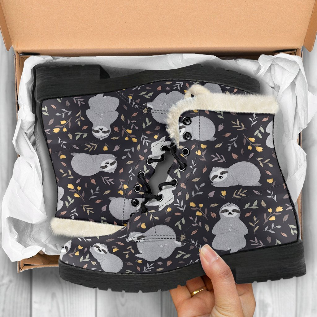 Floral Sloth Print Pattern Comfy Winter Boots-grizzshop