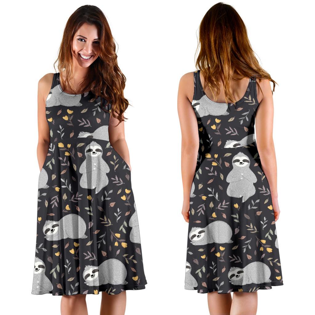 Floral Sloth Print Pattern Dress-grizzshop
