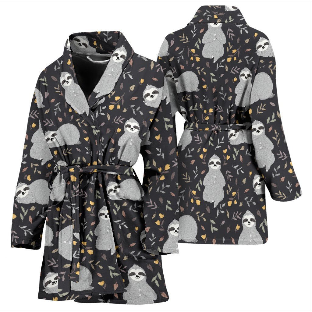 Floral Sloth Print Pattern Print Women Long Robe-grizzshop