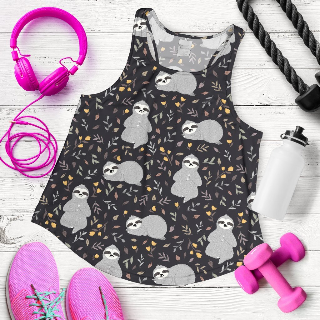 Floral Sloth Print Pattern Women's Racerback Tank Tops-grizzshop