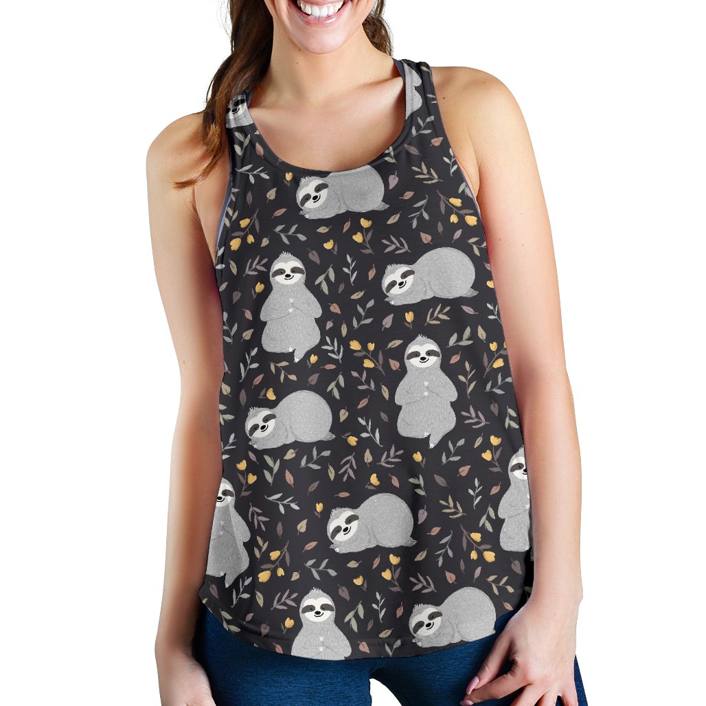 Floral Sloth Print Pattern Women's Racerback Tank Tops-grizzshop