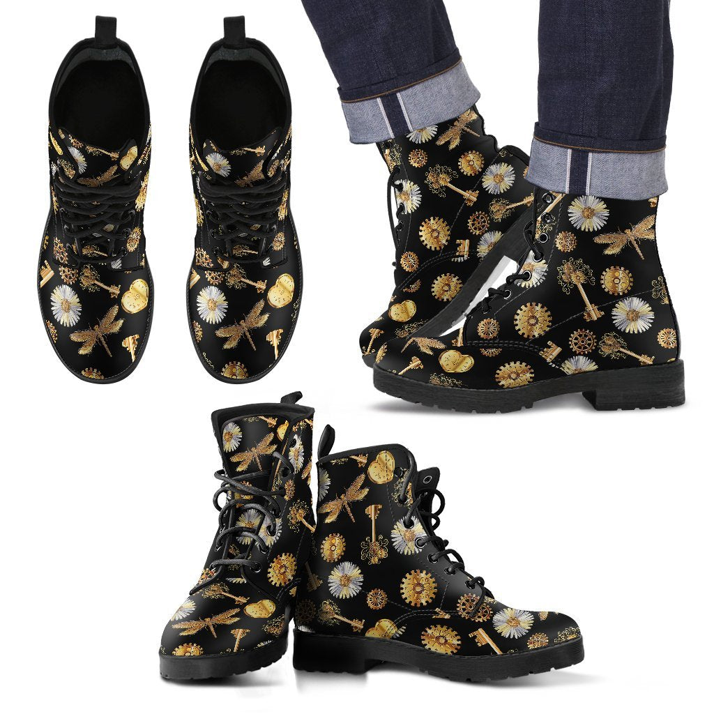 Floral Steampunk Pattern Print Men Women Leather Boots-grizzshop