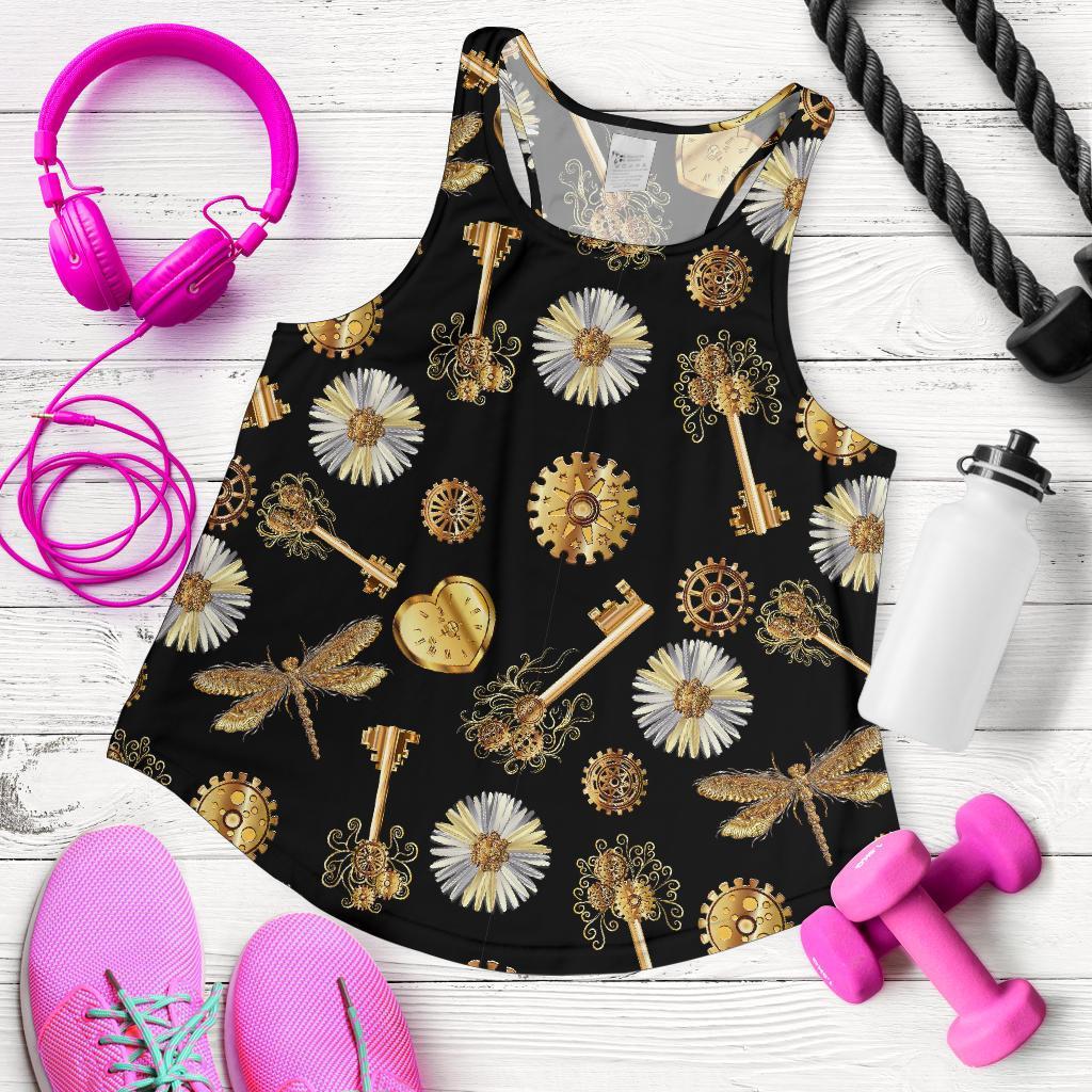 Floral Steampunk Pattern Print Women's Racerback Tank Tops-grizzshop