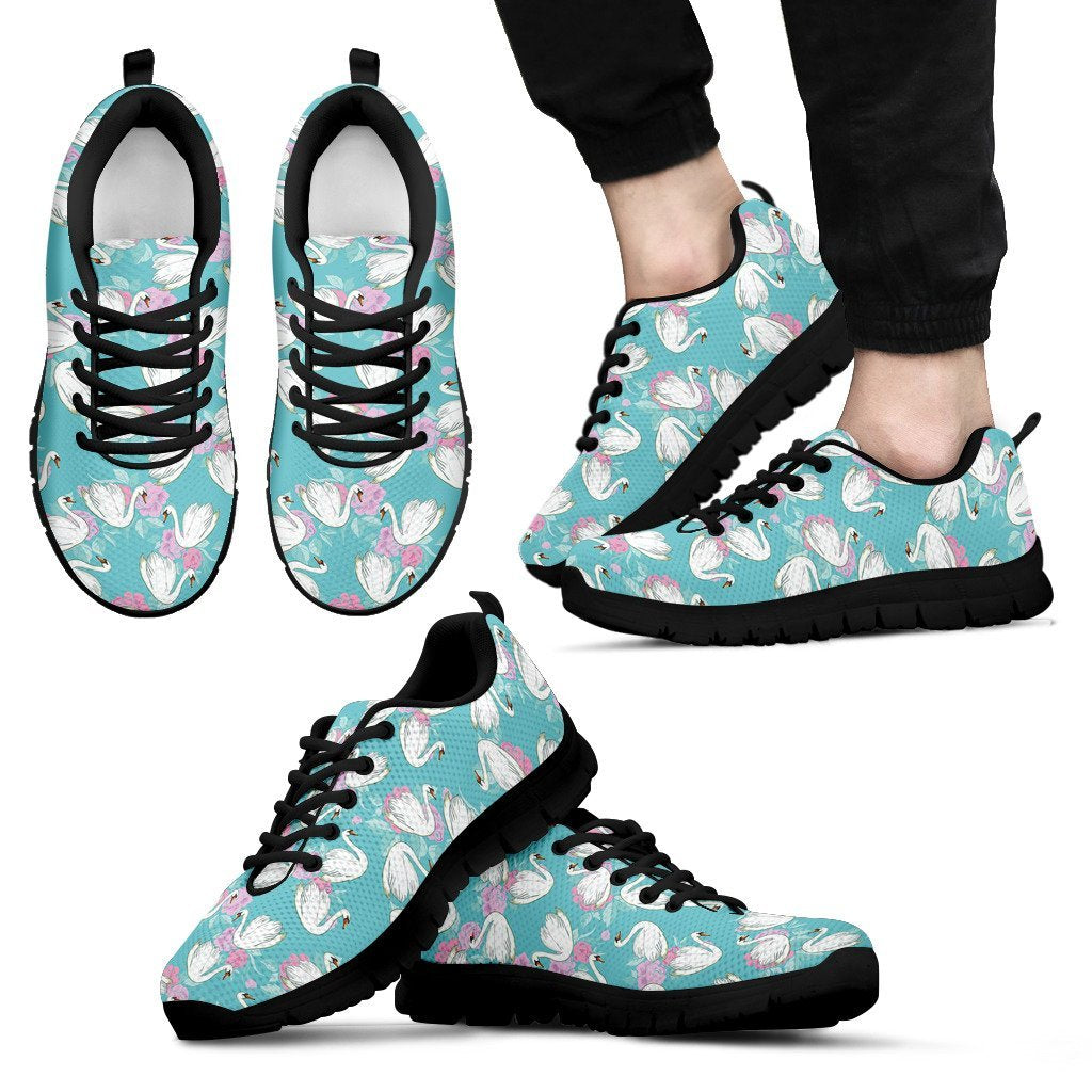 Floral Swan Pattern Print Black Sneaker Shoes For Men Women-grizzshop