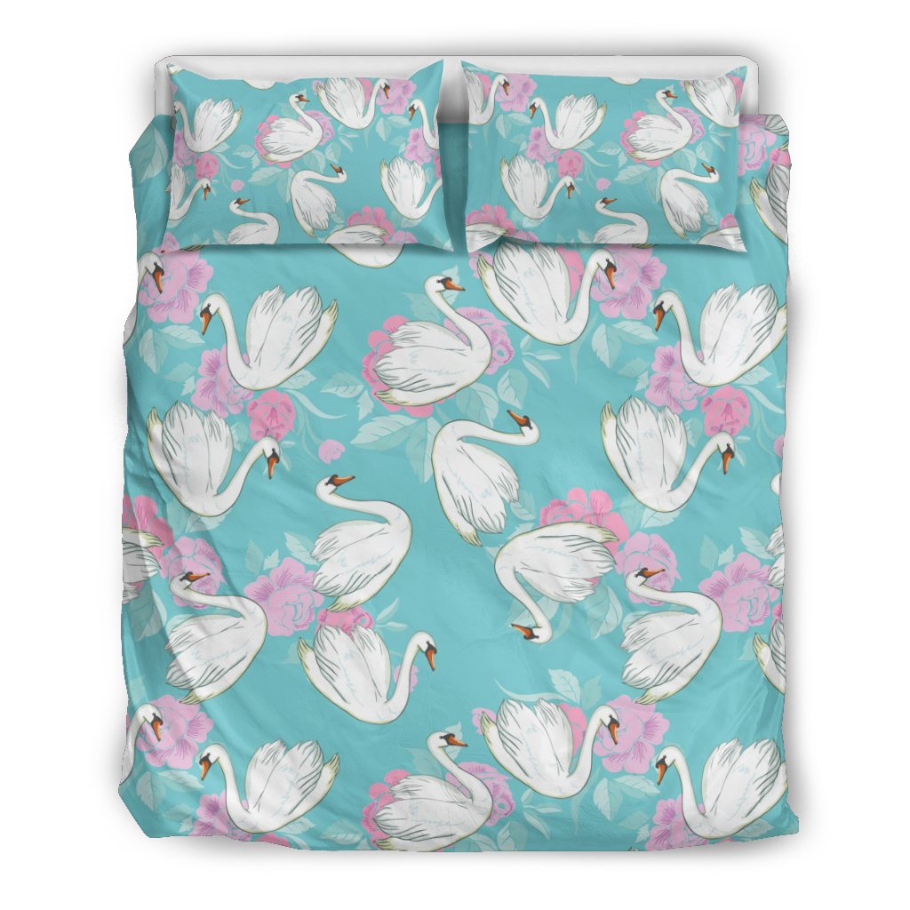 Floral Swan Pattern Print Duvet Cover Bedding Set-grizzshop