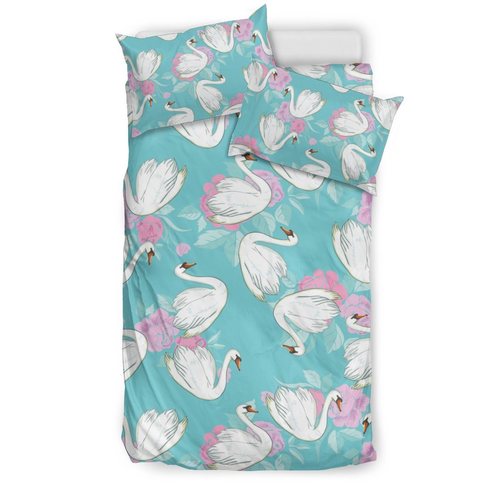Floral Swan Pattern Print Duvet Cover Bedding Set-grizzshop