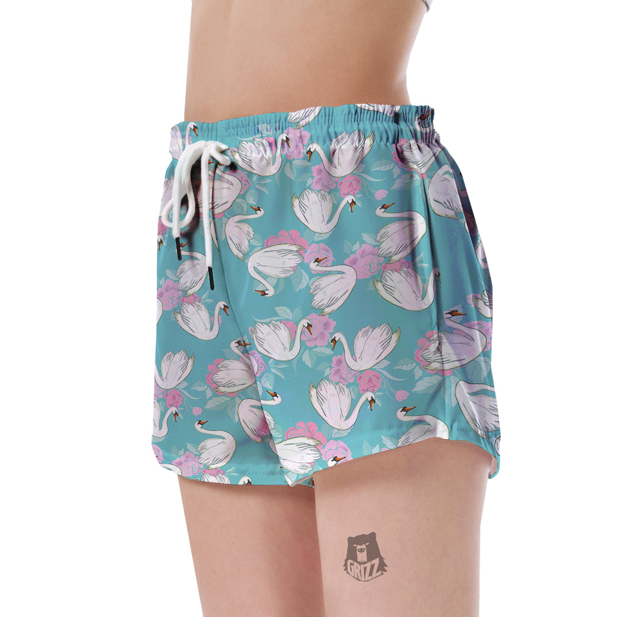 Floral Swan Pattern Print Women's Shorts-grizzshop