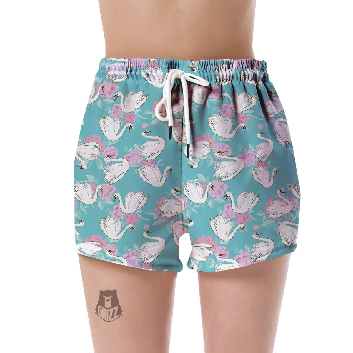 Floral Swan Pattern Print Women's Shorts-grizzshop
