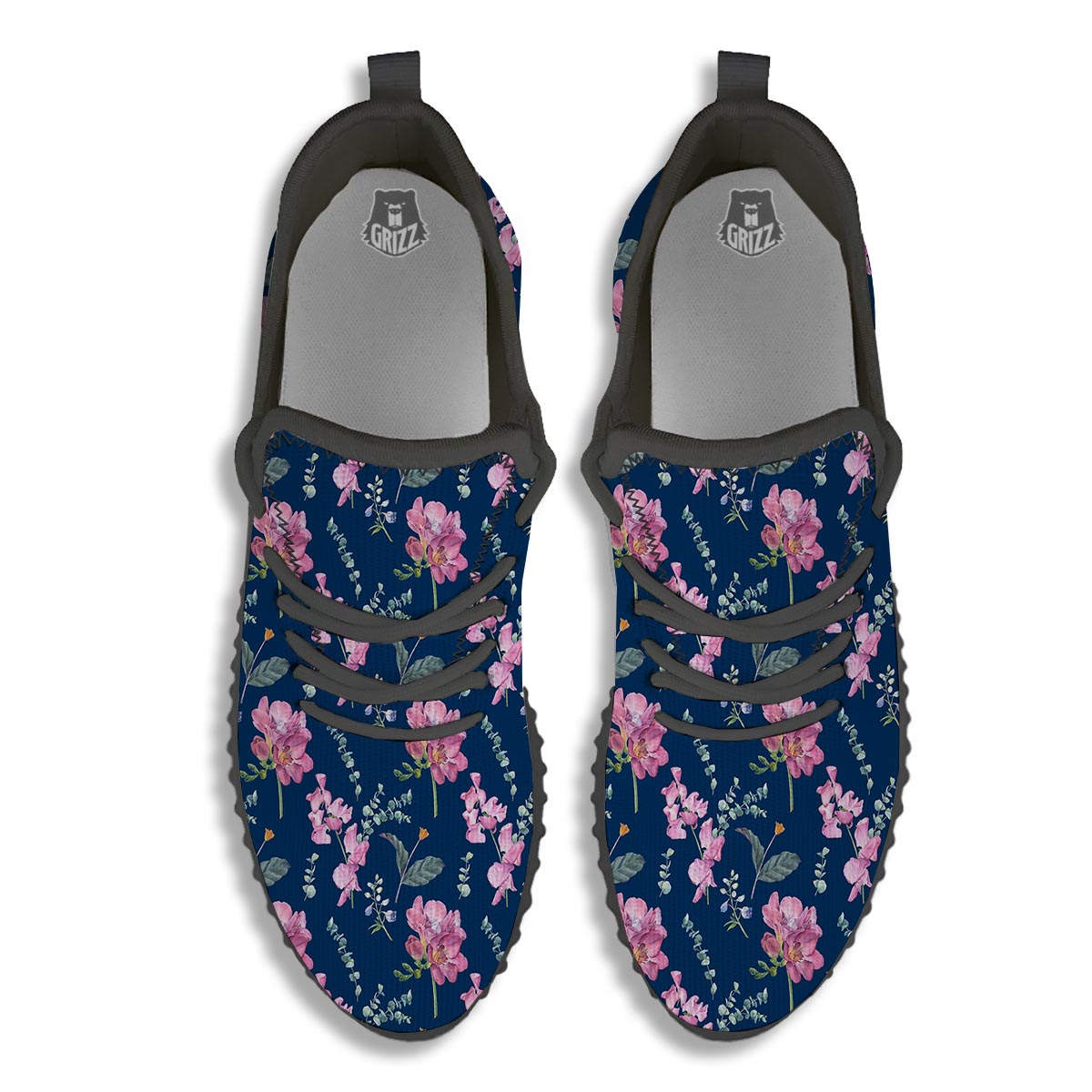 Floral Sweet Pea Print Pattern Black Walking Shoes-grizzshop
