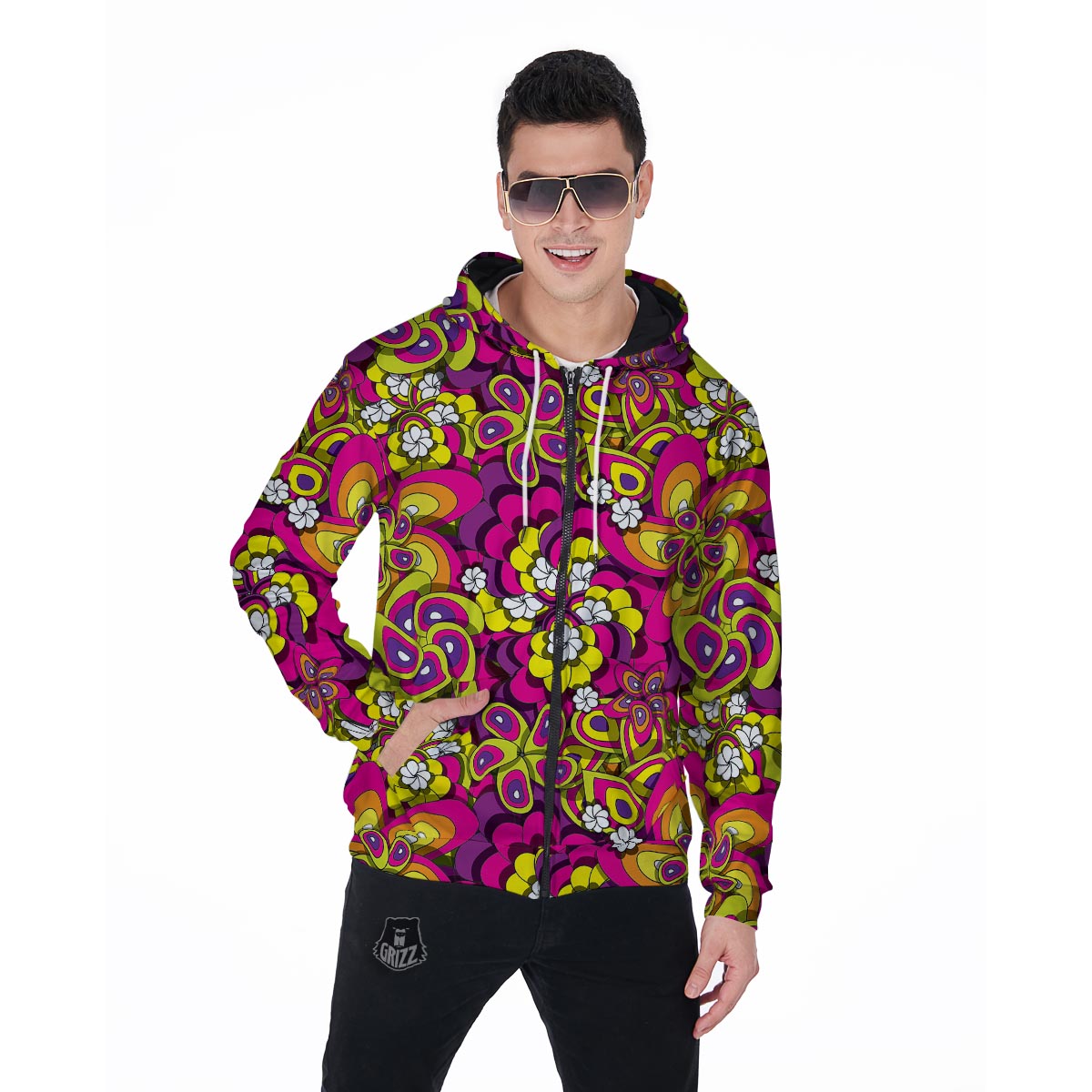 Floral Trippy Men's Zip Up Hoodie-grizzshop