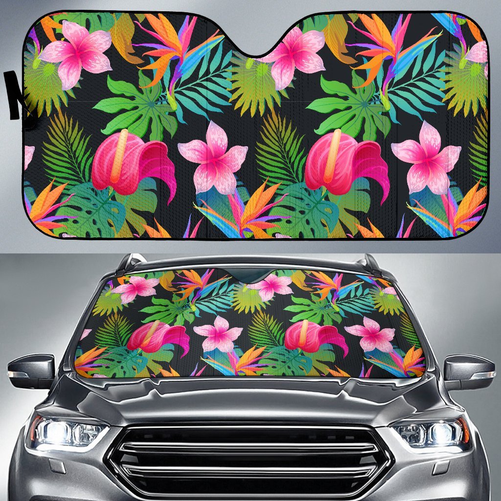 Floral Tropical Hawaiian Flower Hibiscus Palm Leaves Pattern Print Car Sun Shade-grizzshop