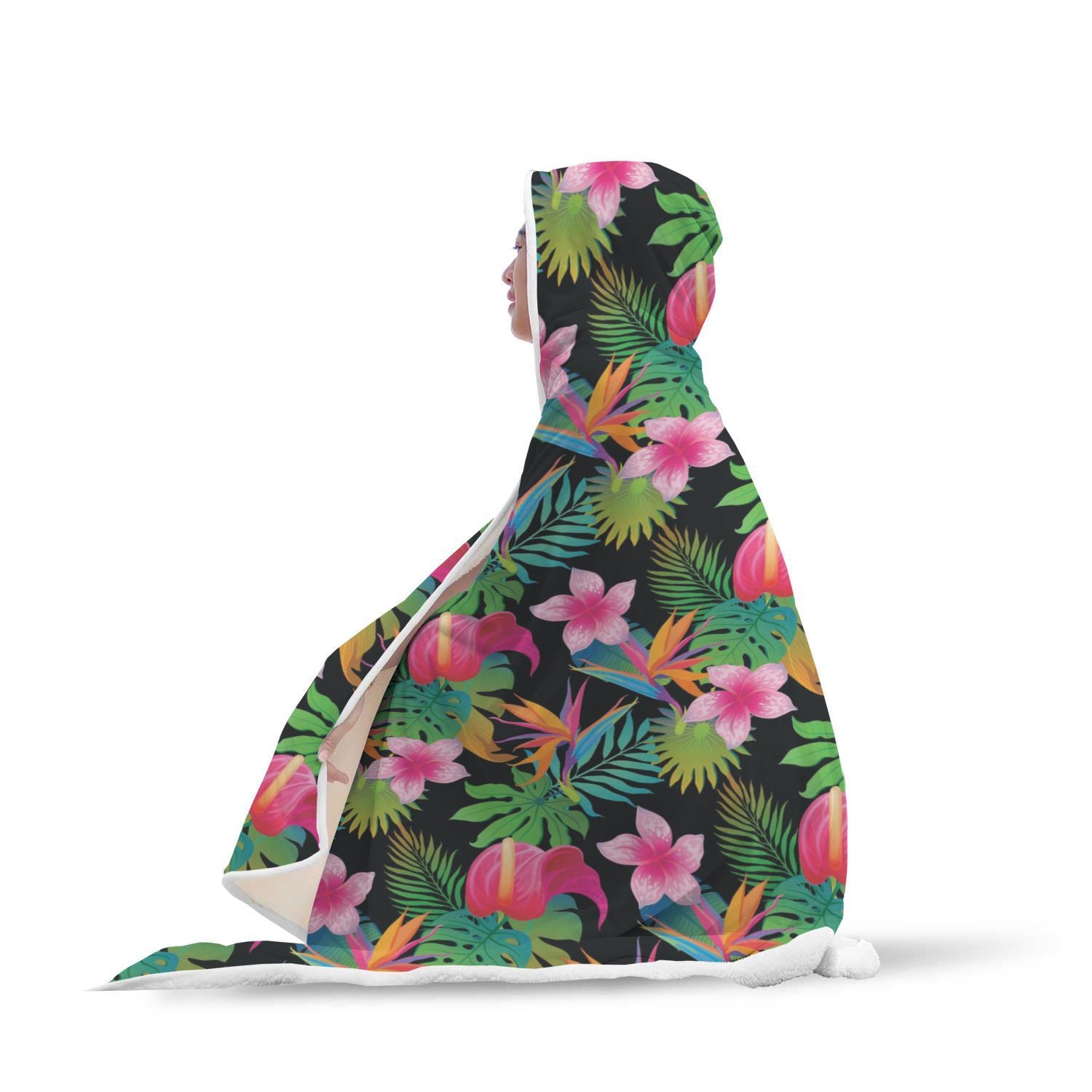 Floral Tropical Hawaiian Flower Hibiscus Palm Leaves Pattern Print Hooded Blanket-grizzshop