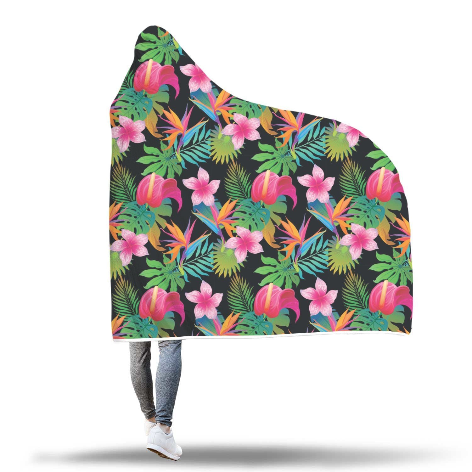 Floral Tropical Hawaiian Flower Hibiscus Palm Leaves Pattern Print Hooded Blanket-grizzshop