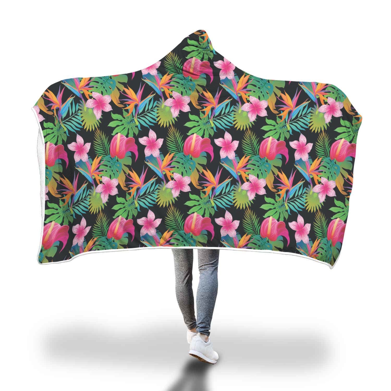 Floral Tropical Hawaiian Flower Hibiscus Palm Leaves Pattern Print Hooded Blanket-grizzshop