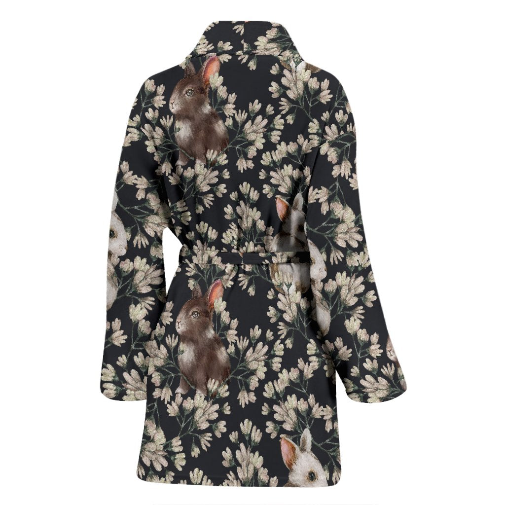 Floral Bunny Rabbit Pattern Print Women Long Robe-grizzshop