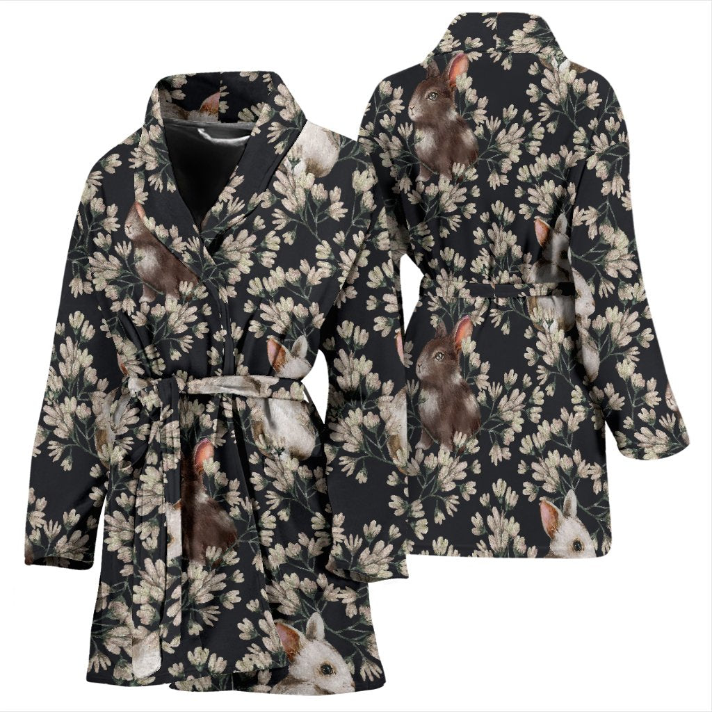 Floral Bunny Rabbit Pattern Print Women Long Robe-grizzshop