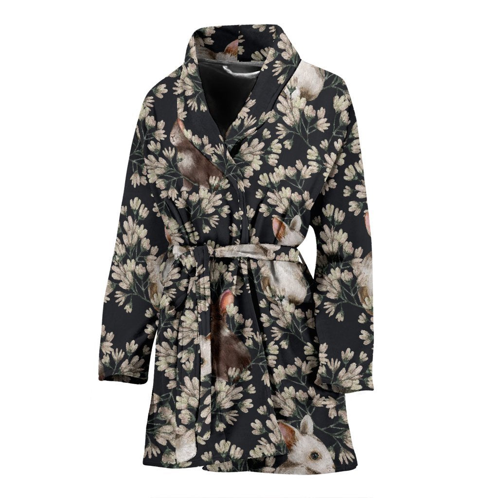 Floral Bunny Rabbit Pattern Print Women Long Robe-grizzshop