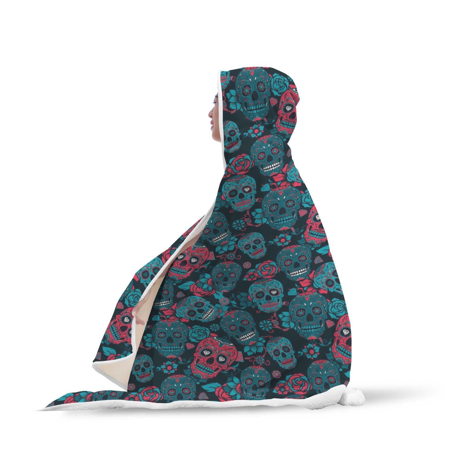 Floral Rose Sugar Skull Skeleton Girly Pattern Print Hooded Blanket-grizzshop