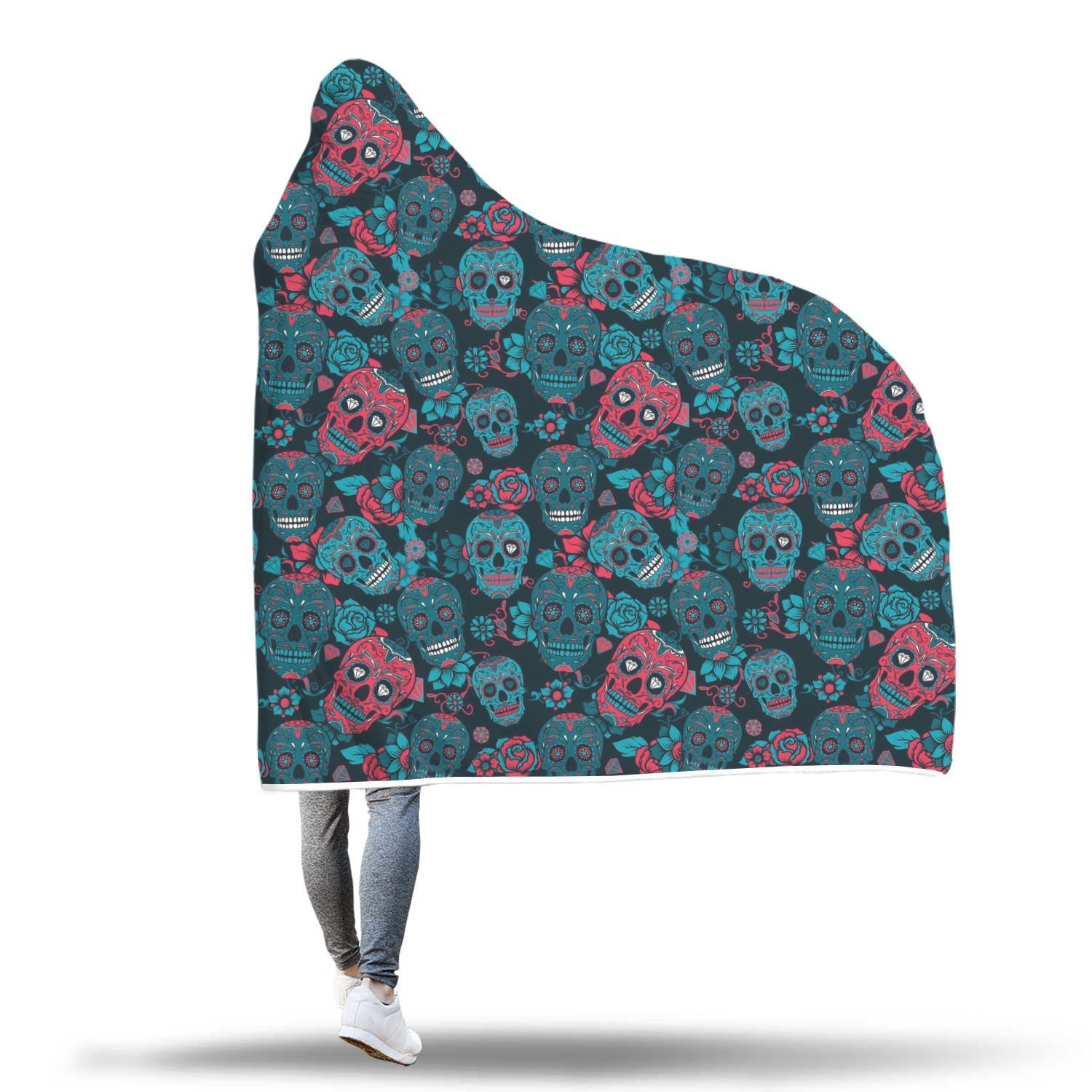 Floral Rose Sugar Skull Skeleton Girly Pattern Print Hooded Blanket-grizzshop