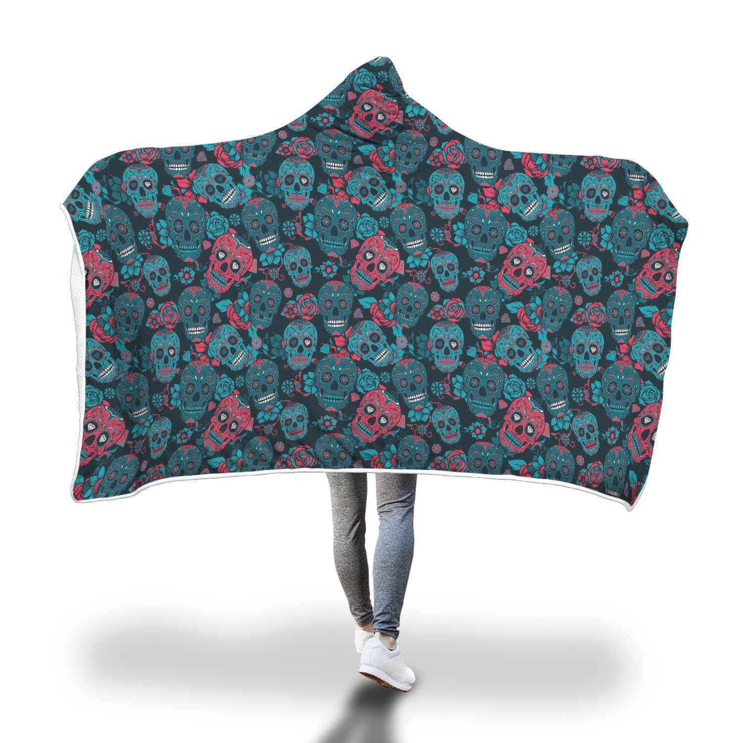Floral Rose Sugar Skull Skeleton Girly Pattern Print Hooded Blanket-grizzshop