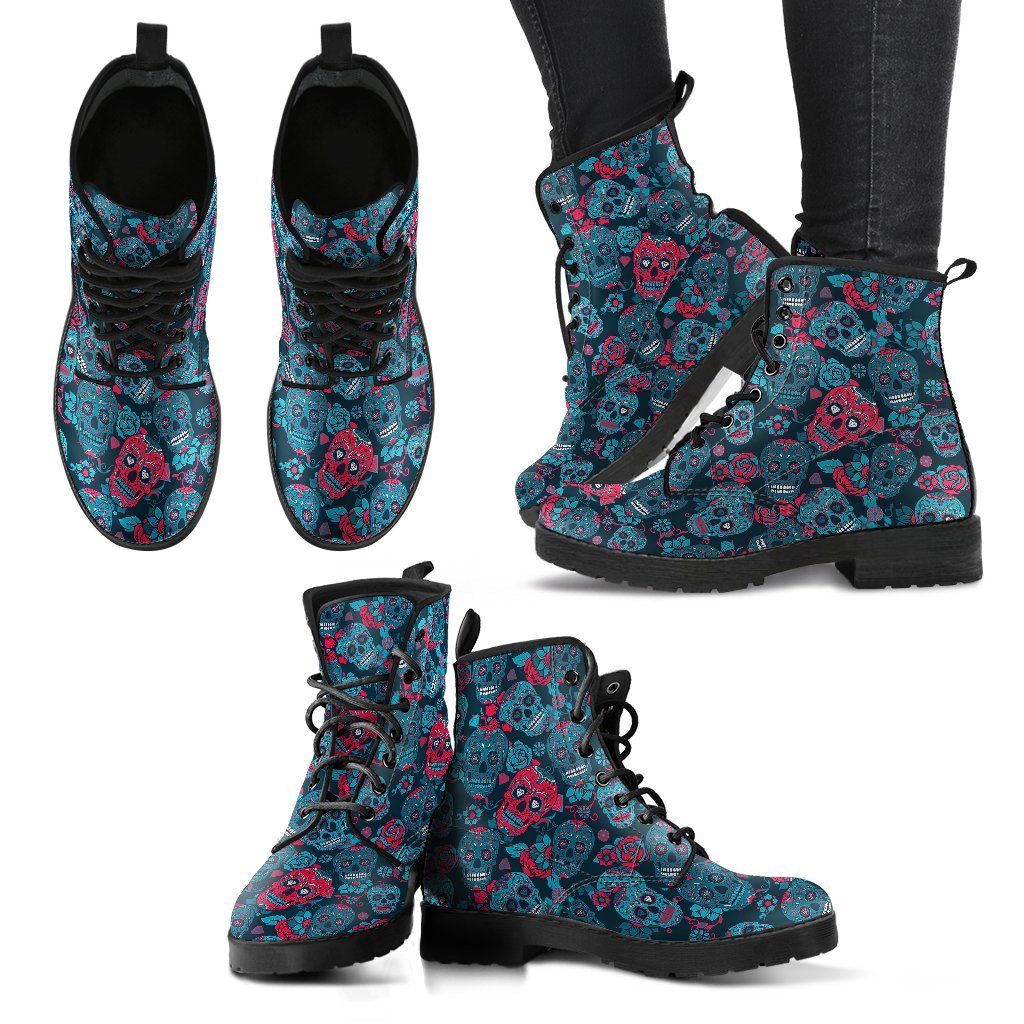 Floral Rose Sugar Skull Skeleton Girly Pattern Print Men Women Leather Boots-grizzshop