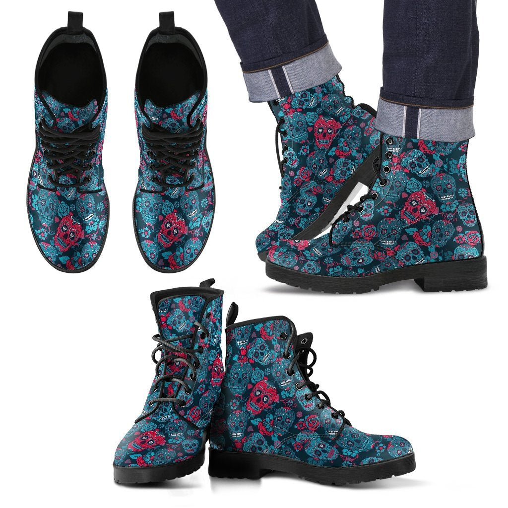 Floral Rose Sugar Skull Skeleton Girly Pattern Print Men Women Leather Boots-grizzshop