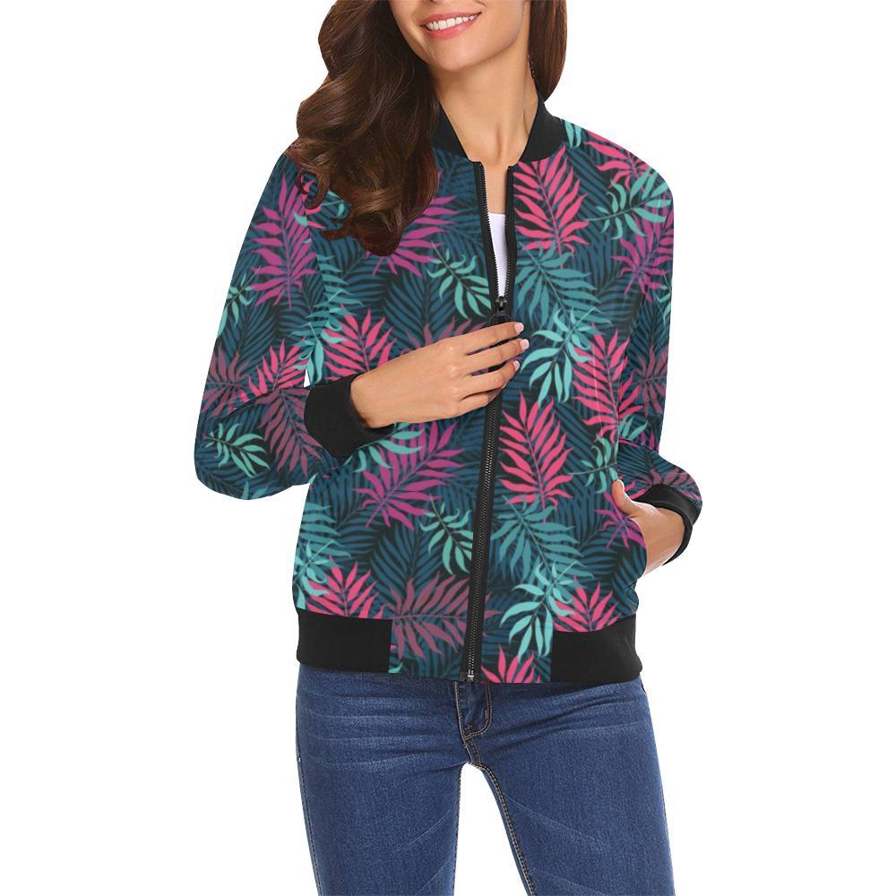 Floral Tropical Hawaiian Palm Leaves Pattern Print Women Casual Bomber Jacket-grizzshop