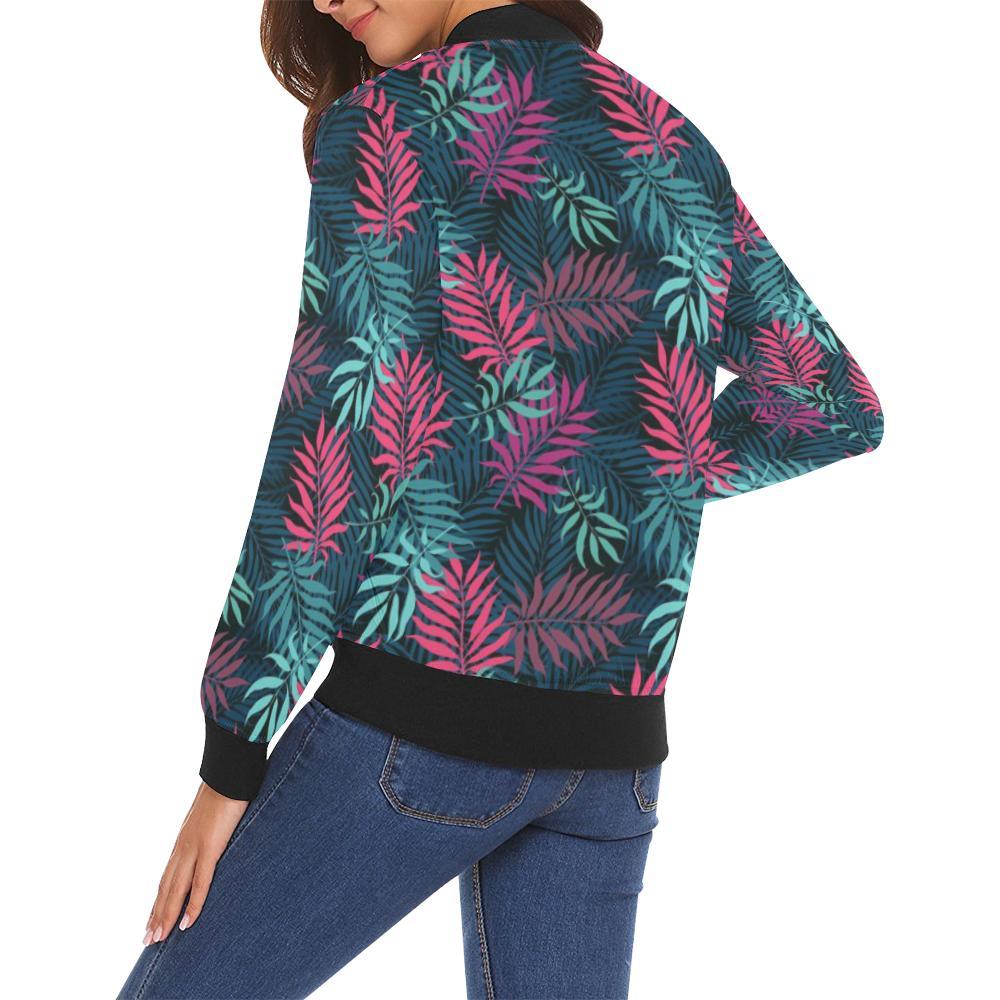 Floral Tropical Hawaiian Palm Leaves Pattern Print Women Casual Bomber Jacket-grizzshop