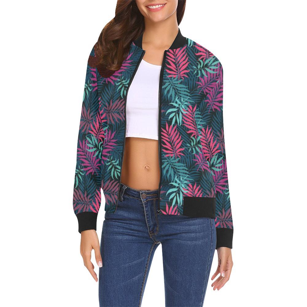 Floral Tropical Hawaiian Palm Leaves Pattern Print Women Casual Bomber Jacket-grizzshop